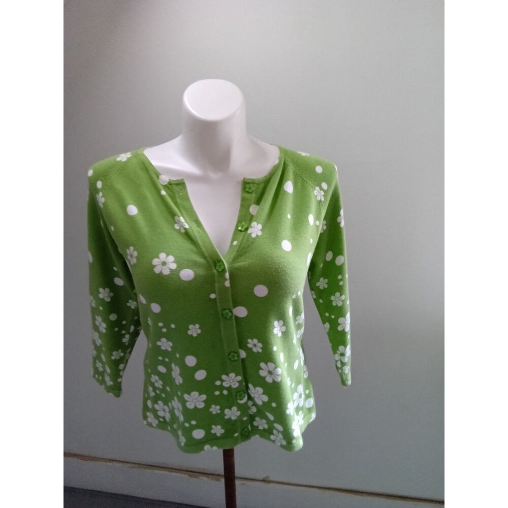 Talbots Petites Green Floral Button Front Cardigan 3/4 Sleeve Size L